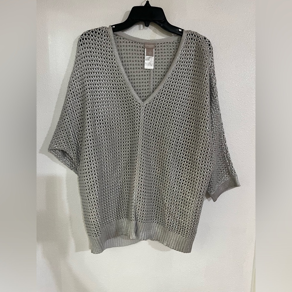Chicos open knit size XL tunic, cotton blend, shimmer, metallic, silver gray
